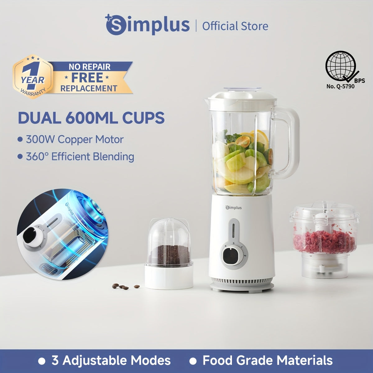 Simplus™ 380W 3-in-1 Blender & Food Processor – Smoothie Maker, Grinder & Juicer Set