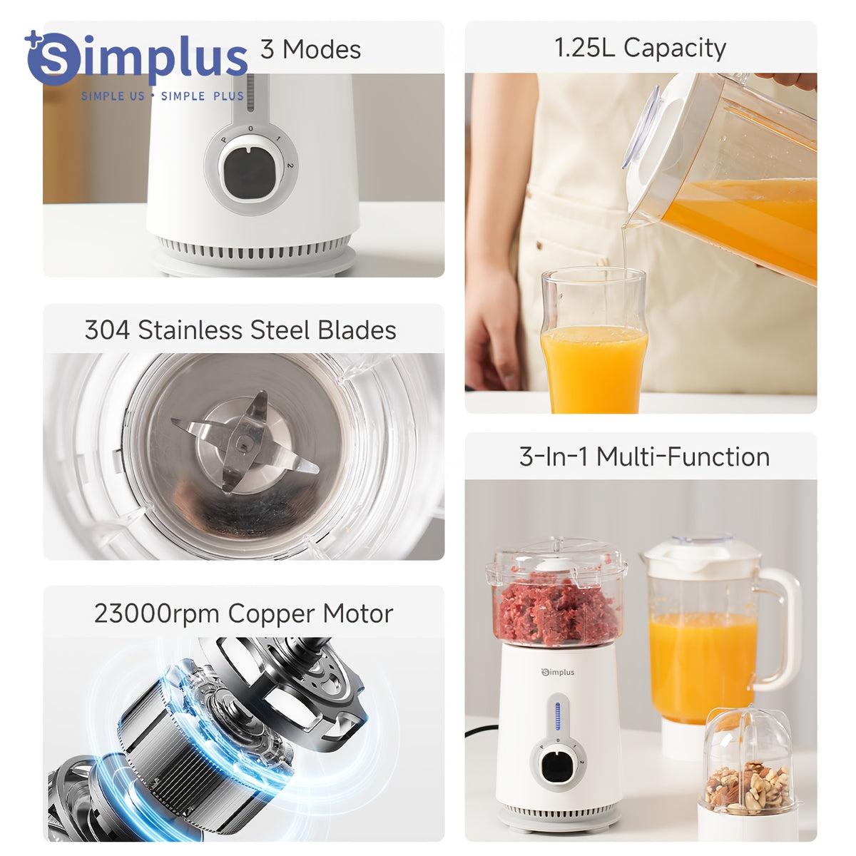 Simplus™ 380W 3-in-1 Blender & Food Processor – Smoothie Maker, Grinder & Juicer Set