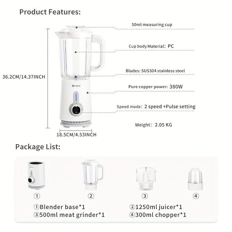 Simplus™ 380W 3-in-1 Blender & Food Processor – Smoothie Maker, Grinder & Juicer Set